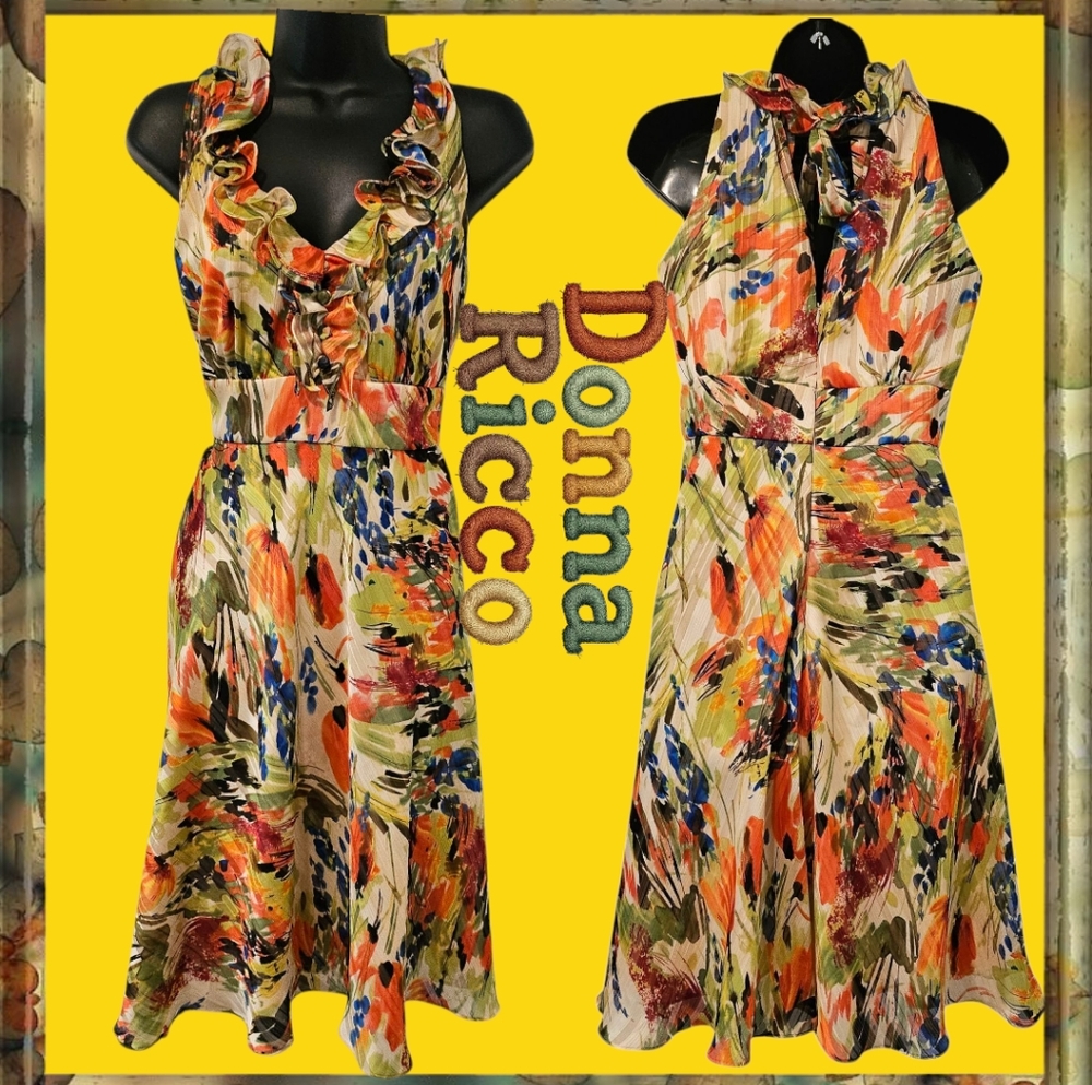 Donna Ricco New York Multi-Colored Floral Tie Back Neck Dress SZ 6 Like New